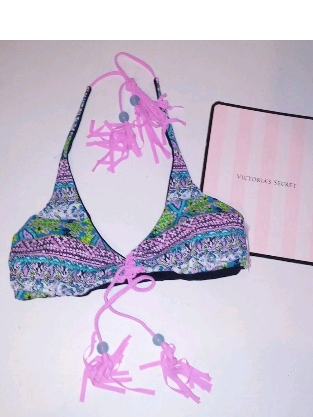 Victoria's Secret Reversiable Halter Swim Top - Pink Tassel Multi Pattern Sz S/P